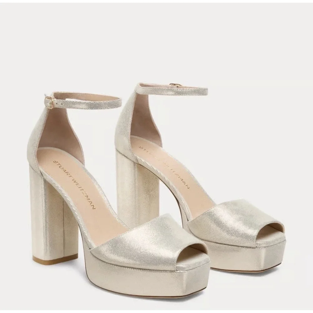 Stuart Weitzman Size-8.5B Sabrina Platform Linen Leather Shimmer Beige $575